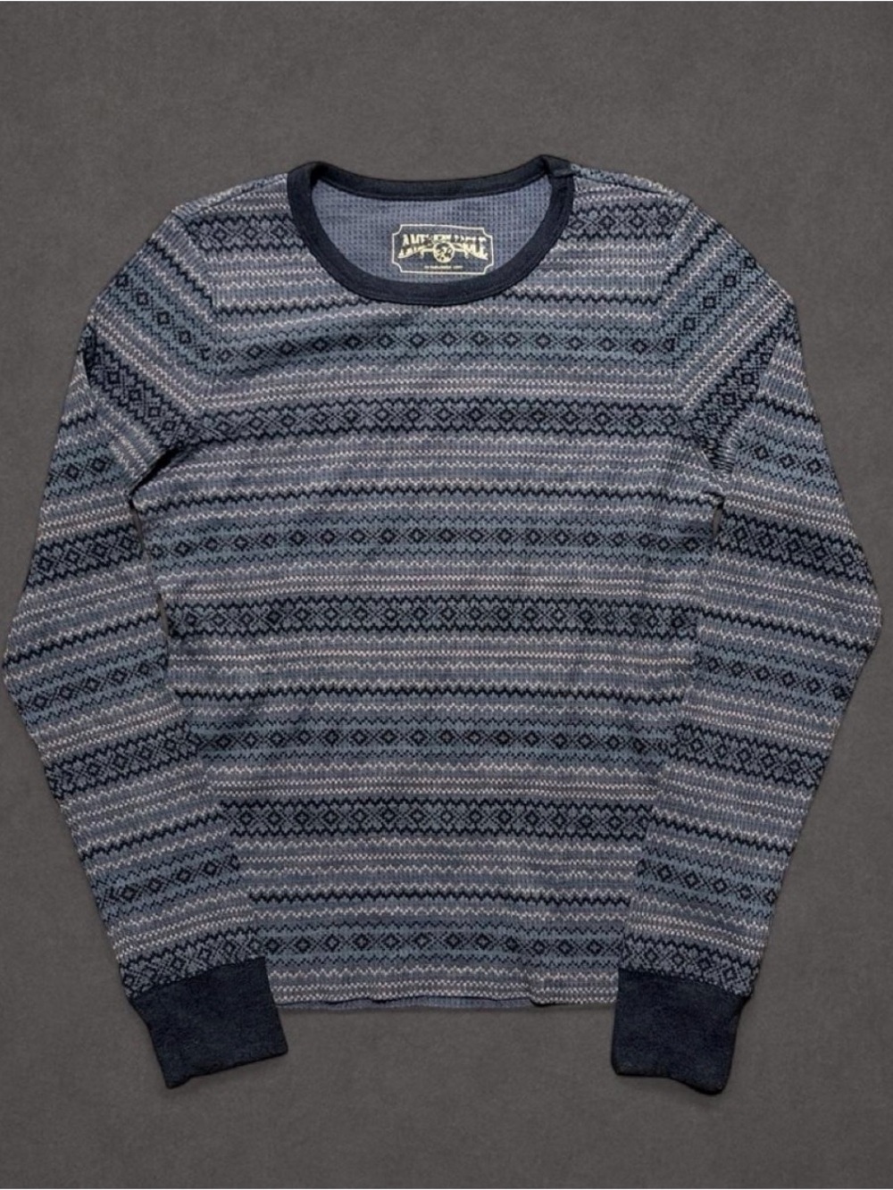 American Eagle Thermal Waffle Knit Long Sleeve Fair Isle Top Blue